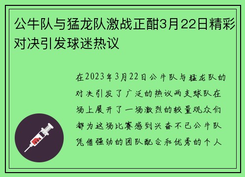 公牛队与猛龙队激战正酣3月22日精彩对决引发球迷热议