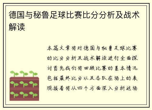 德国与秘鲁足球比赛比分分析及战术解读
