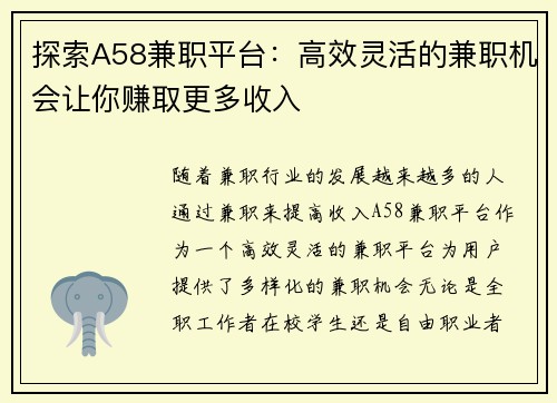 探索A58兼职平台：高效灵活的兼职机会让你赚取更多收入