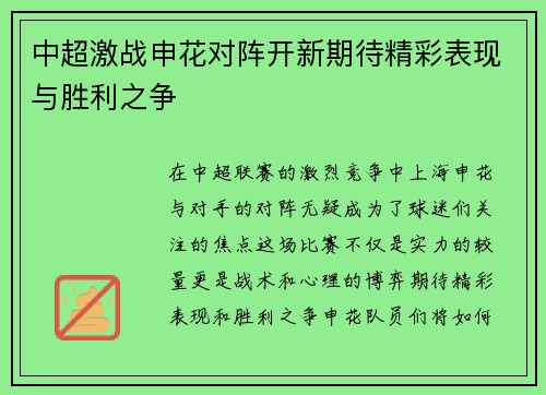 中超激战申花对阵开新期待精彩表现与胜利之争