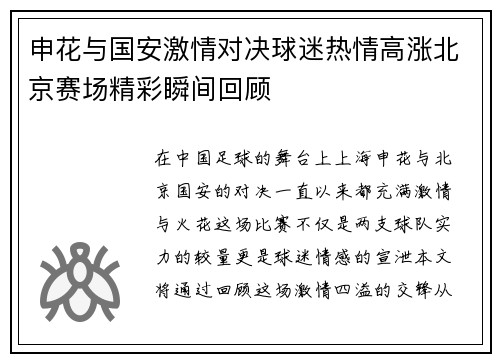申花与国安激情对决球迷热情高涨北京赛场精彩瞬间回顾