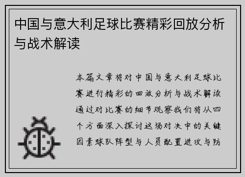 中国与意大利足球比赛精彩回放分析与战术解读