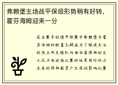 弗赖堡主场战平保级形势稍有好转，霍芬海姆迎来一分