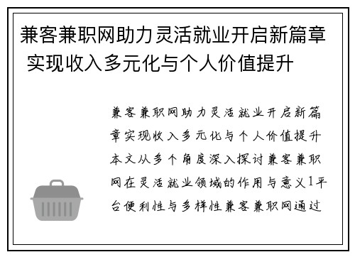 兼客兼职网助力灵活就业开启新篇章 实现收入多元化与个人价值提升