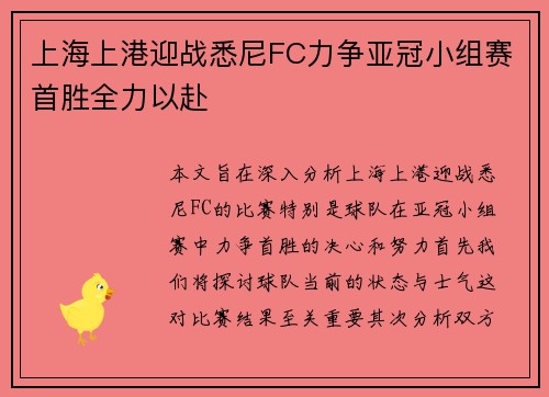 上海上港迎战悉尼FC力争亚冠小组赛首胜全力以赴