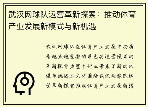 武汉网球队运营革新探索：推动体育产业发展新模式与新机遇