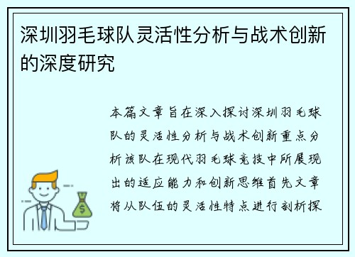 深圳羽毛球队灵活性分析与战术创新的深度研究