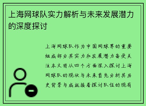 上海网球队实力解析与未来发展潜力的深度探讨