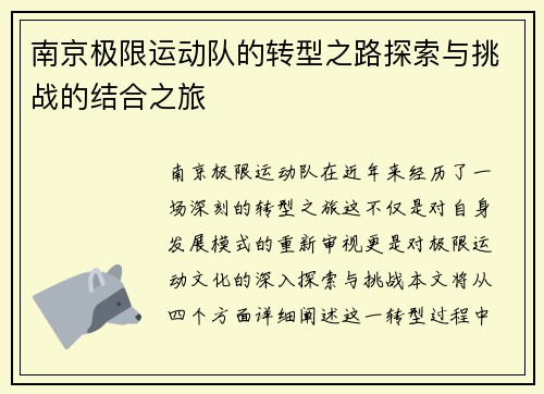 南京极限运动队的转型之路探索与挑战的结合之旅