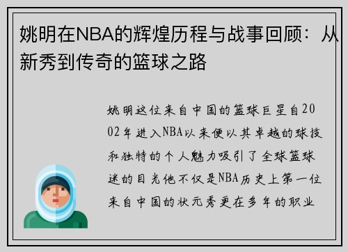 姚明在NBA的辉煌历程与战事回顾：从新秀到传奇的篮球之路