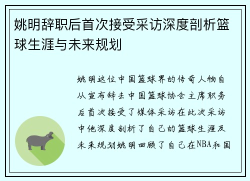 姚明辞职后首次接受采访深度剖析篮球生涯与未来规划