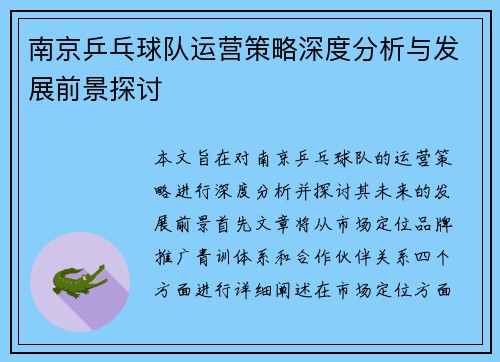 南京乒乓球队运营策略深度分析与发展前景探讨