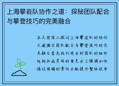 上海攀岩队协作之道：探秘团队配合与攀登技巧的完美融合