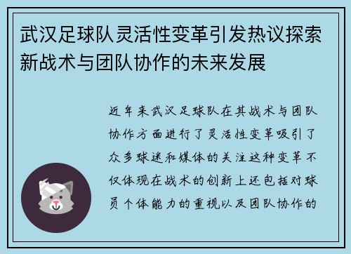 武汉足球队灵活性变革引发热议探索新战术与团队协作的未来发展