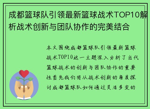 成都篮球队引领最新篮球战术TOP10解析战术创新与团队协作的完美结合